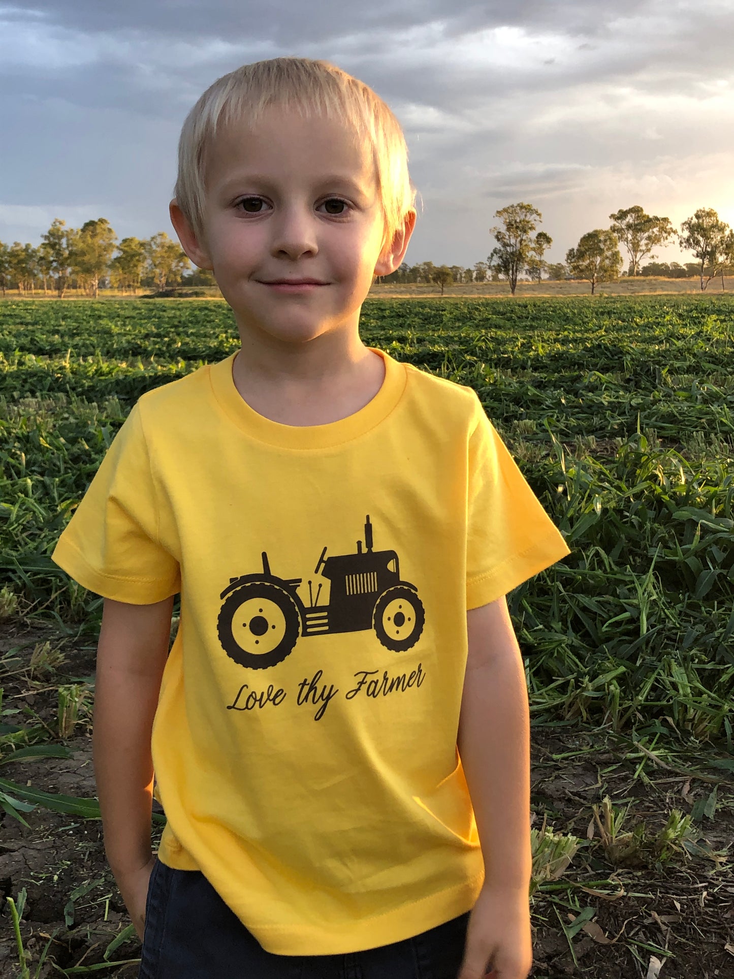 ***HALF PRICE*** Kids' Short Sleeve Tractor T-Shirt in Yellow with Brown Printing/ Charcoal with Sand Printing