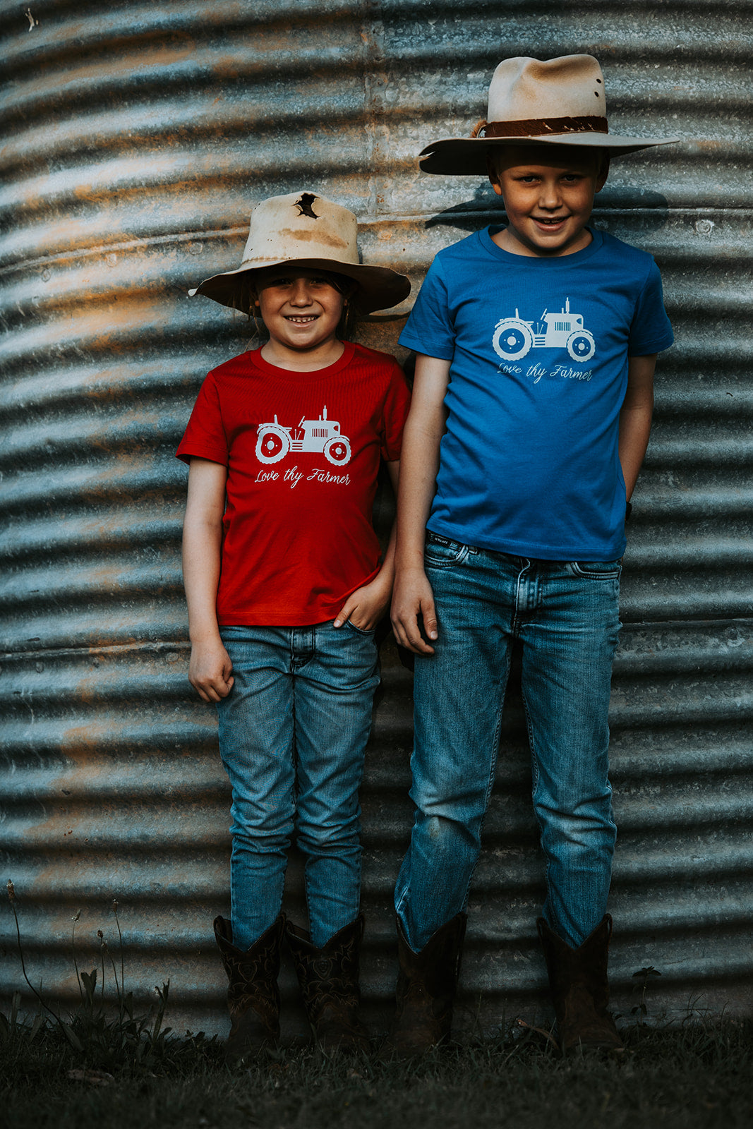 Kids' Short Sleeve Tractor T-Shirt in Red/Royal Blue with Sand Printing