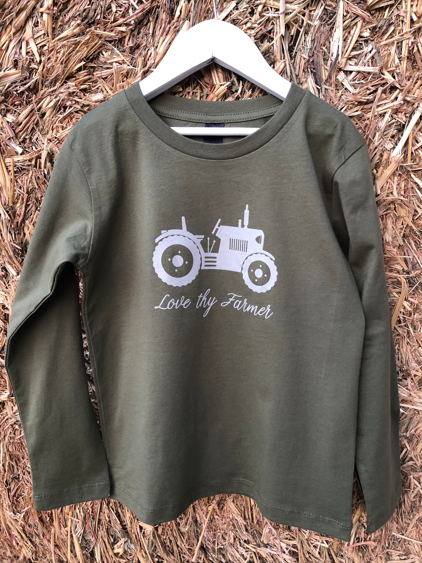 Kids' Long Sleeve Tractor T-Shirt in Khaki/Navy with Sand Printing