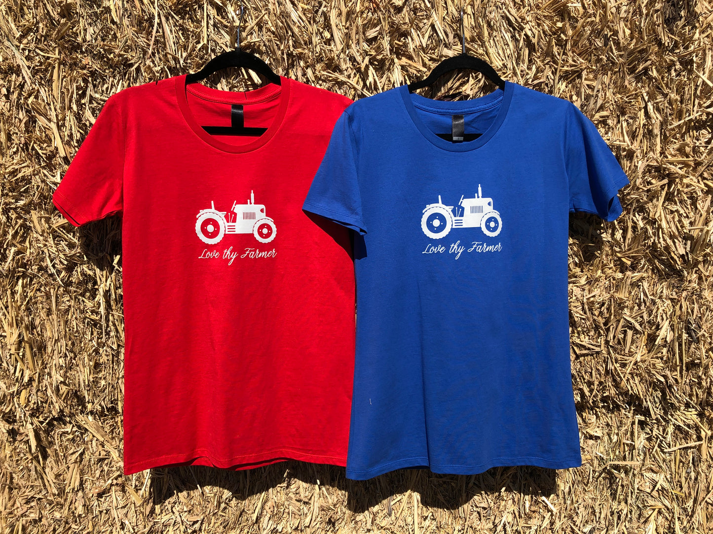 Ladies' Short Sleeve Tractor T-Shirt in Red/Royal Blue with Sand Printing