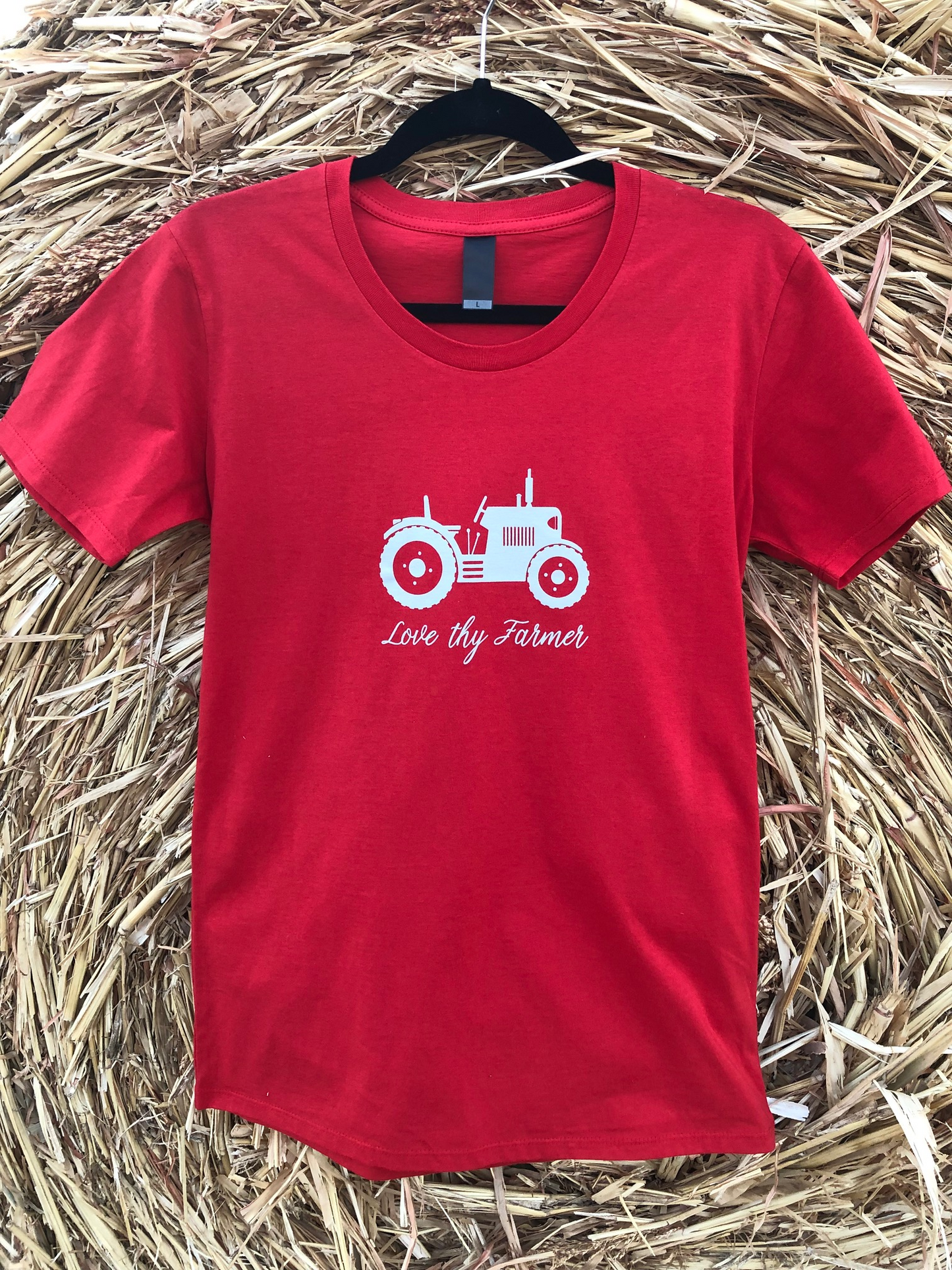 Ladies' Short Sleeve Tractor T-Shirt in Red/Royal Blue with Sand Printing
