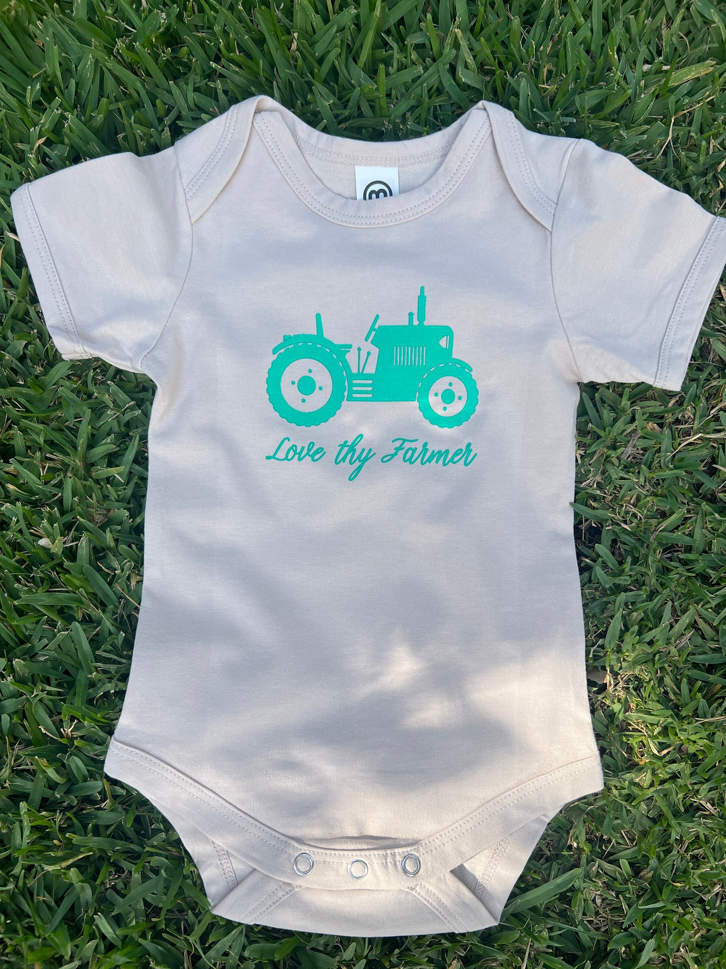 Short Sleeve Tractor Onesie in Grey/Blush Pink with Pink Printing and Dust with Green Printing