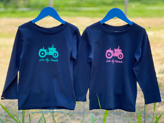 Kids' Long Sleeve Tractor T-Shirt in Navy with Pink and Green Printing