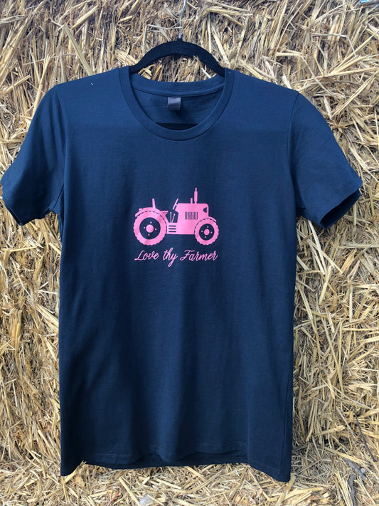 Ladies' Short Sleeve Tractor T-Shirt in Navy with Pink Printing