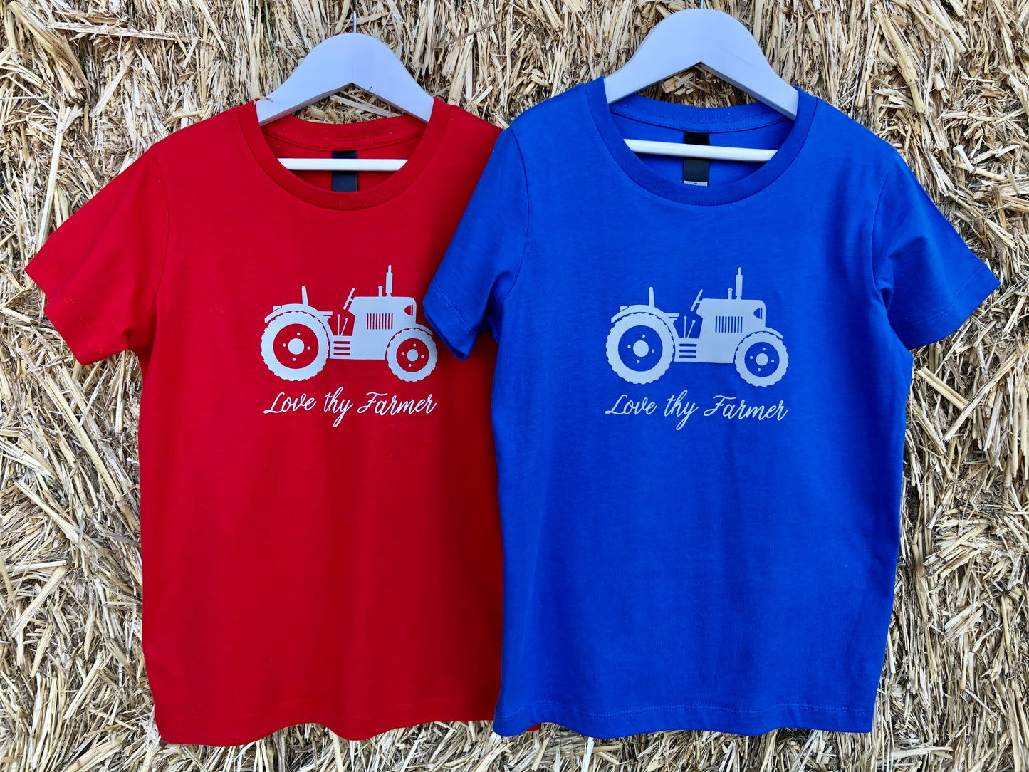 Kids' Short Sleeve Tractor T-Shirt in Red/Royal Blue with Sand Printing