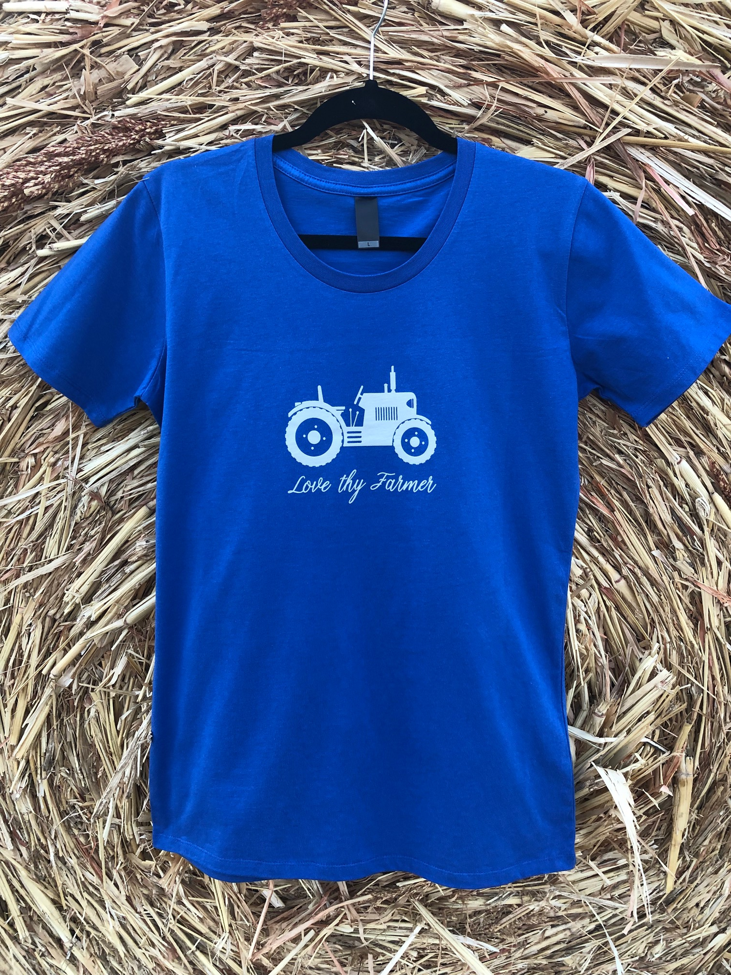Ladies' Short Sleeve Tractor T-Shirt in Red/Royal Blue with Sand Printing